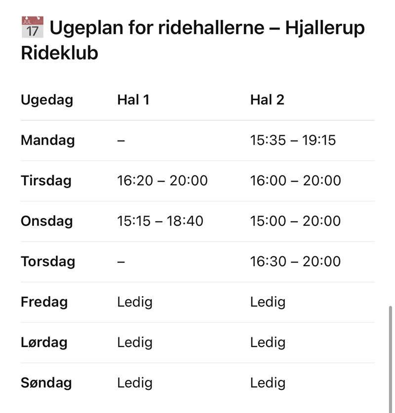 Man har selv ansvaret for at holde sig opdateret om, hvornår Ridehallen er optaget til arrangementer eller kan være ledig igennem klubmodul appen.